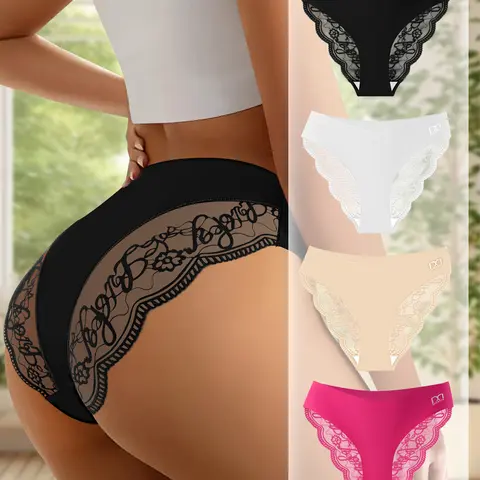 QUASTI 4Packs Mid-Rise Stretch Lace Sexy Women's Briefs, Contrast Lace Womenswear Sexy Breathable Comfort Female Underwear Thongs, 4 Colors S-XXL