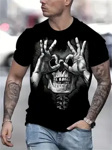 Men'S Pure Gothic Skull Pattern T-Shirt |   Y2K Street Hip-Hop Style Religious Symbol, Round Neck, Short Sleeved, Casual Summer Top, Machine Washable, Dark Aesthetic Trendy Men'S Clothing