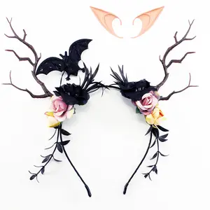GentleLie Handmade Gothic Bat & Flower Headpiece with Elf Ears – Halloween Fairy Crown for Women, Dark Forest Cosplay Antler Headband, Witch Party Costume Accessory, Spooky Cute Festival Hair Decor