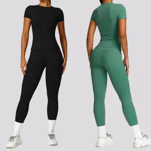 Women's Solid Color Sports Set, Short Sleeve T-shirt and High Waist Leggings Tracksuit for Yoga Gym Workout - Shortsleeve, Fit