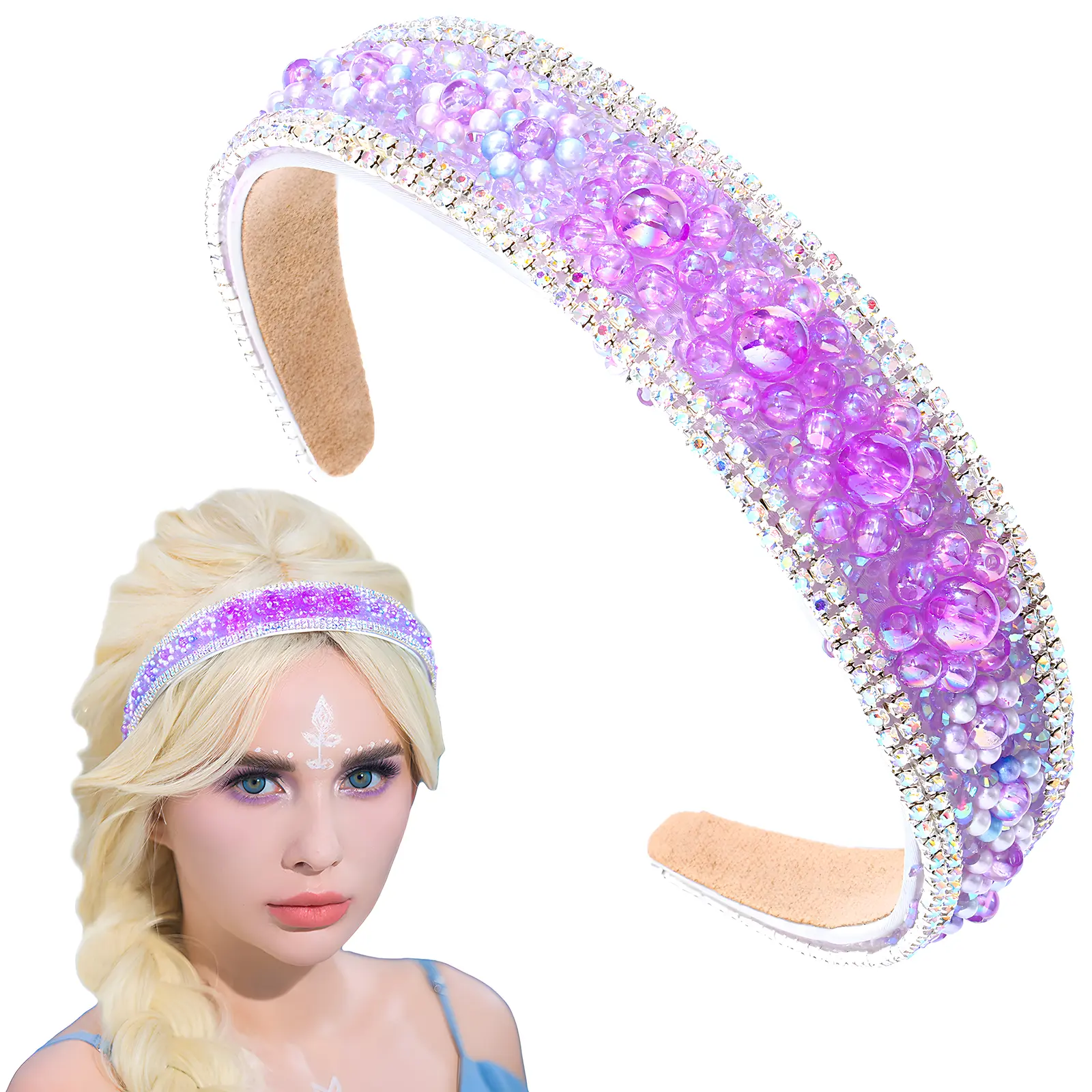 Purple Beaded Headband Crystal Bead Hairband Sparkly Bead Headbands Birthday Party Hair Accessories For Women and Girls