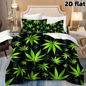 2D Flat 3Pcs Cannabis Leaf Duvet Cover Black Background Green Marijuana Plant Pattern Bedding Modern Botanical Print Microfiber Quilt Cover with Pillow Cases for Bedroom Home Decoration Bedding Supplies