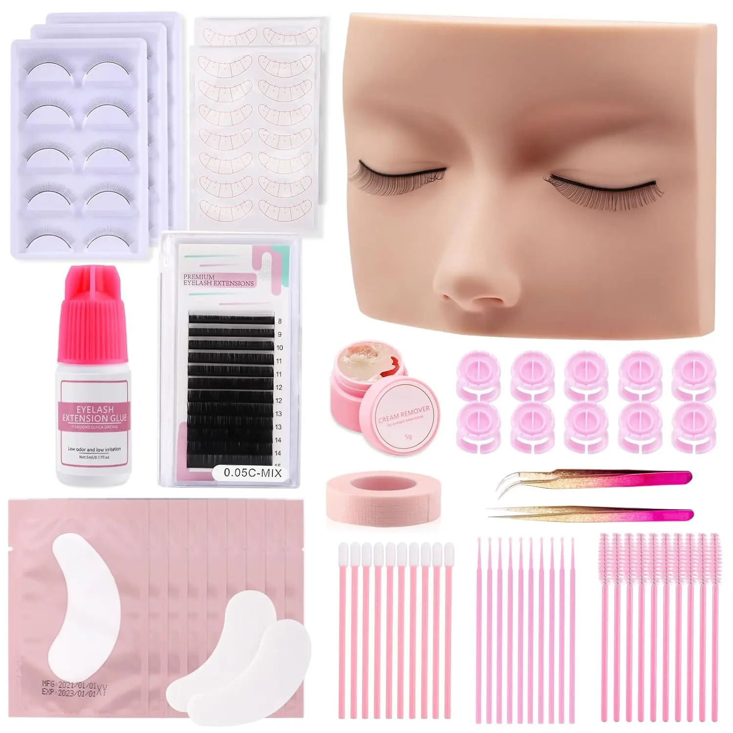 Summer Spring Gifts Eyelash Extension Kit with Eye Lash Mannequin Head, Eyelash Extension Glue, Summer Spring Gifts Remover Cream, Tweezers for Practice Training