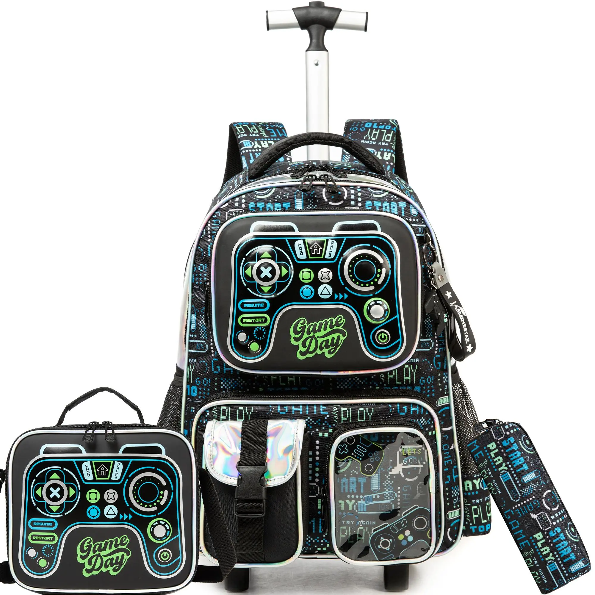 Game Day Rolling Backpack Set for Boys | 3-in-1 Backpack + Lunch Bag + Pencil Pouch | Gamer Controller Design | Back to School Essentials unisex