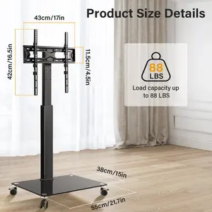 Rolling TV Stand Mobile TV Cart for 27-60inch LED Screen TV Universal Floor TV Stand with Mount Tempered Glass Base TV Stand for Bedroom Living Room Max VESA 400x400mm