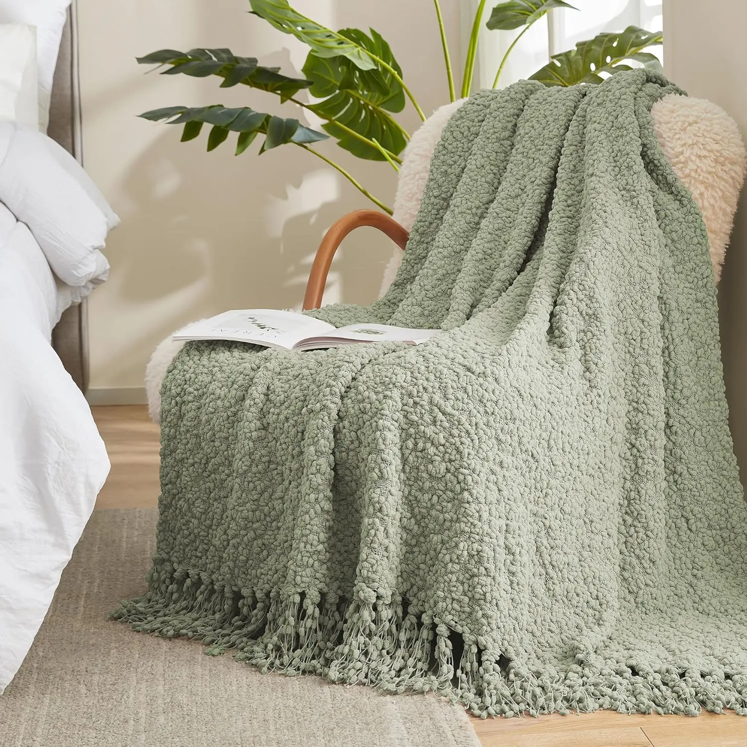 Chunky Fluffy Knit Throw Blanket - Mulberry Textured Woven Design with Handmade Tassels, Sage Green, 50x60 in, Mother's Day Gift for Couch Sofa