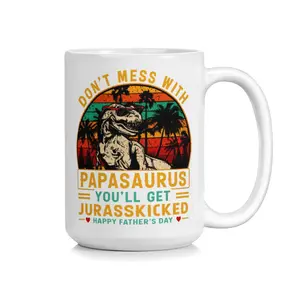 Funny "Papasaurus" Coffee Mug 11oz & 15oz, Retro Sunset T-Rex "Don't Mess With Papasaurus" Print Ceramic Cup, Humorous "Jurasskicked" Pun Drinkware, Perfect Father's Day Gift for Dinosaur-Loving Dads