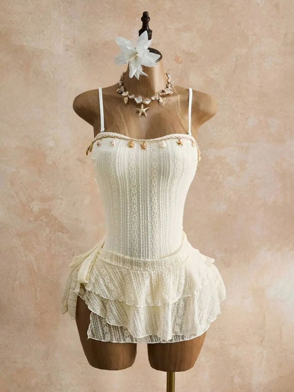 Bellisia Cream Textured Lace 2-Piece Swimsuit & Skirt Set | Seashell Trim Backless One-Piece | Tiered Ruffle Mini Skirt Mermaid Core Bridal Bathing Suit