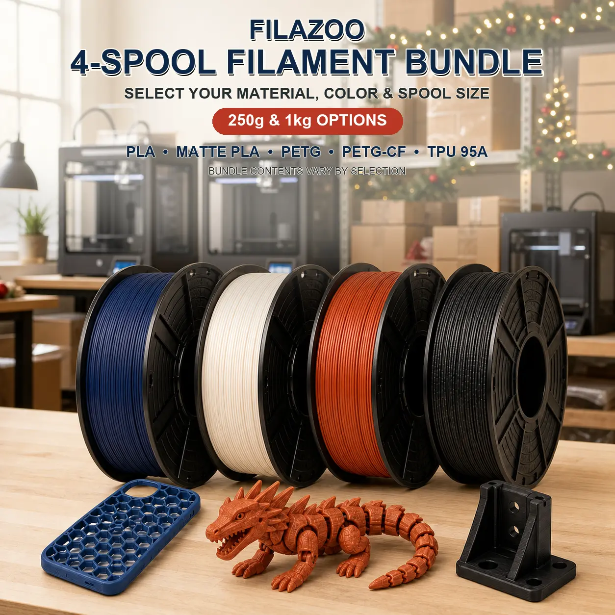 FILAZOO 4-Spool 3D Printer Filament Bundle, 1.75mm PLA, Matte PLA, PETG, PETG-CF, TPU 95A Options, 250g x4 or 1kg x4 for Creative Projects, FDM Printers & Functional Printing