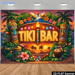 2D Flat Banner 1pc, 3D Flat Tiki Bar Celebration Theme Backdrop, with Neon "TIKI BAR" Lettering, Burning Totem Poles, Tropical Palm Leaves, Pink Hibiscus Flowers, Flying Birds, Sunset Seascape, Mountains, Parr