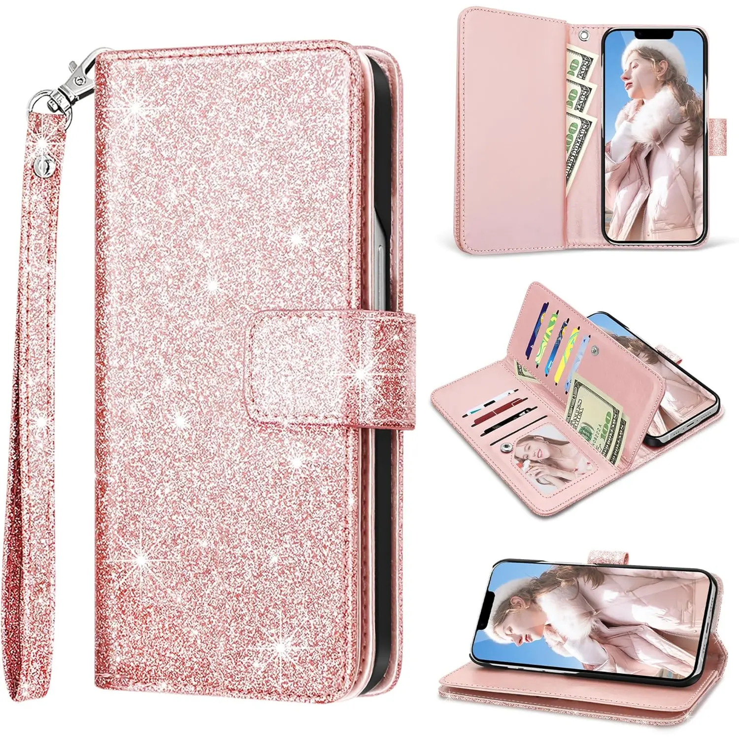 Fingic for Iphone 16E Case,Iphone 16E Wallet Case,Glitter Sparkle Cover 9 Card Holder PU Leather with Kickstand Wrist Strap Protective Case for Women Girls for Apple Iphone 16E,6.1 Inch,2025,Rose Gold Fingic
