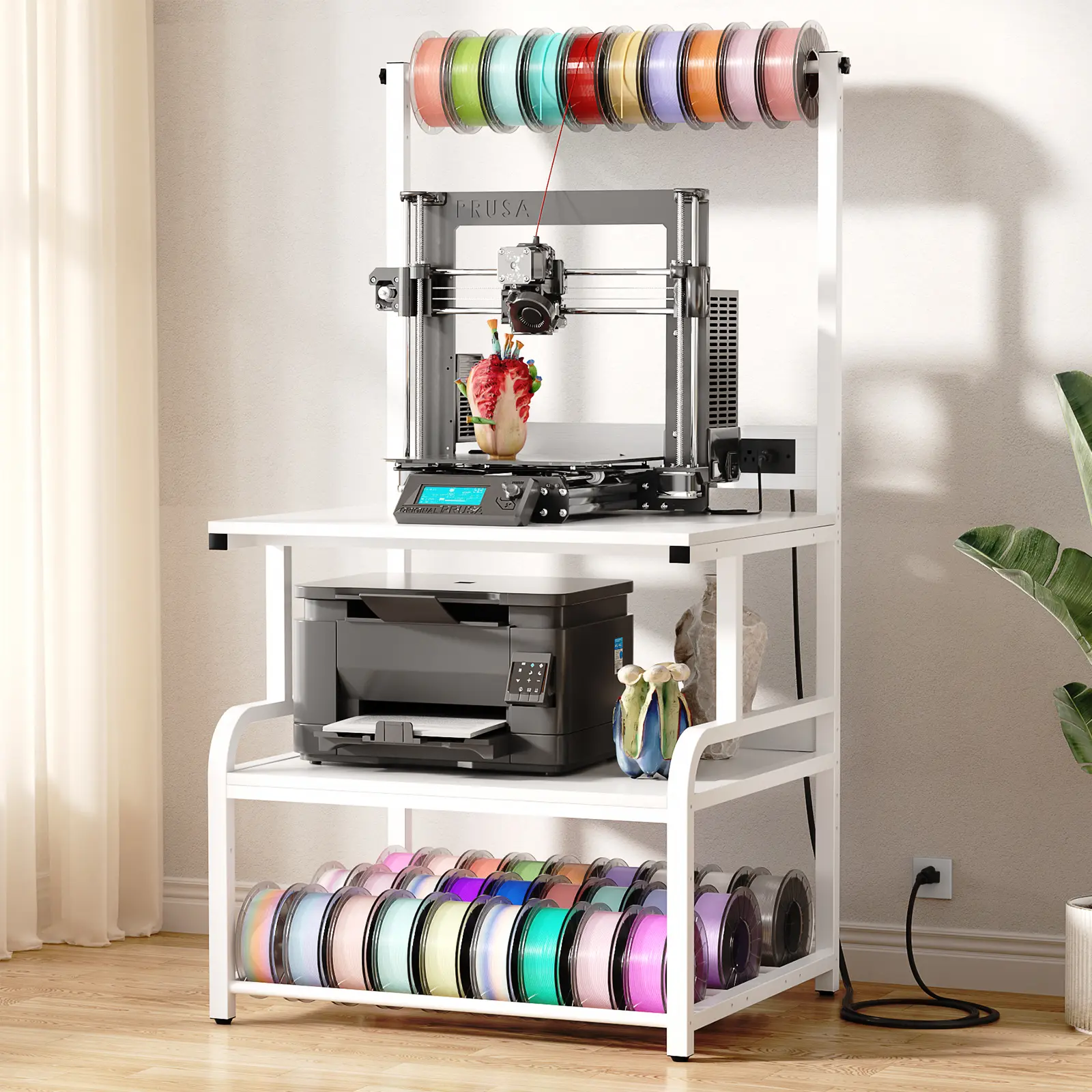 Homieasy Sturdy 3D Printer Stand Filament Storage Rack with Charging Station, Heavy Duty 3D Printer Table with 4-Tier Storage Shelves for PLA, ABS, PETG, Large Rolling Printer Cart with Filament Storage for Office, Workshop, Garage