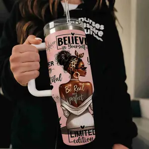 40oz large capacity car water bottles with lid and handle, 304 stainless steel insulated tumbler - Love Yourself Black Girl Daily Affirmations, suitable for car, office, travel, Winter Tumbler for Her/His, new year gifts and Valentine gifts