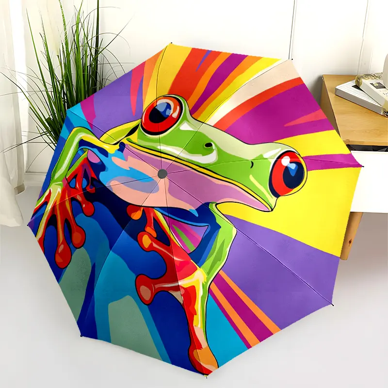 1 PC Automatic Folding Umbrella - Colorful Frog Artwork Pattern, Portable & Foldable Design with 8 Ribs, Merry Christmas Pattern,Casual Outdoor Accessory Halloween and Christmas Birthday Gifts. B0025