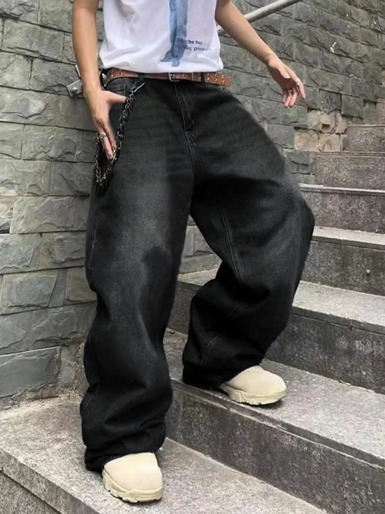 Men's Loose Fit Oversized Long Jeans Pants, Menswear Streetwear Casual Fitted Plain Denim Jeans, All Seasons Fashion, Water Washed Style, Hip Hop Personality, Relaxed Jeans