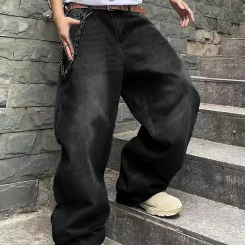 Men's Loose Fit Oversized Long Jeans Pants, Menswear Streetwear Casual Fitted Plain Denim Jeans, All Seasons Fashion, Water Washed Style, Hip Hop Personality, Relaxed Jeans