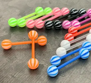 8 PAIR Bulk Pack Candy Stripe Beach Ball Nipple Barbells Rings 14g No Metal