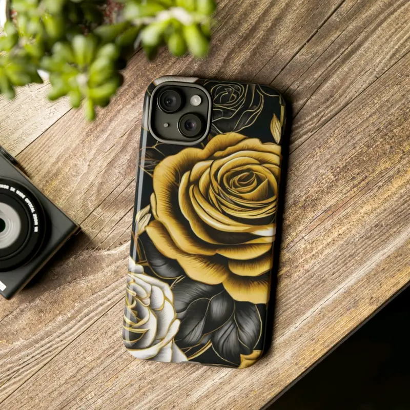 Elegant Black and Gold Roses Phone Case - Stylish Protection for Samsung Galaxy, iPhone, Google Pixel phones, iPhone Case, Samsung Galaxy Case, Google Pixel Case, Cellphone Accessories, Protective Wireless Cover Protector Shell Golden Shockproof