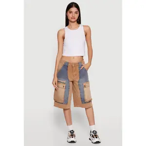 Color Blocked Cargo Bermuda Denim Shorts