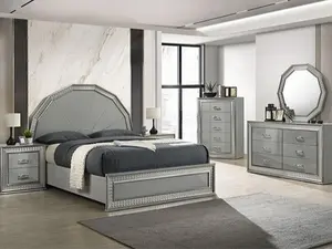 FM7253GY-4PC Cassiopeia Metallic Grey Finish Wood Glam Geometric LED Headboard Queen Bedroom Set