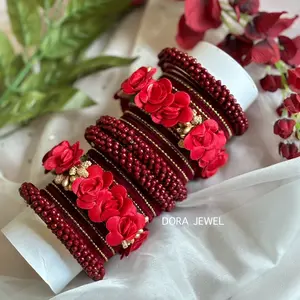 Dora Jewel Bridal Flower Bangles - Elegant Red Bangles for Brides, Trending Indian Jewelry, Perfect for Special Occasions