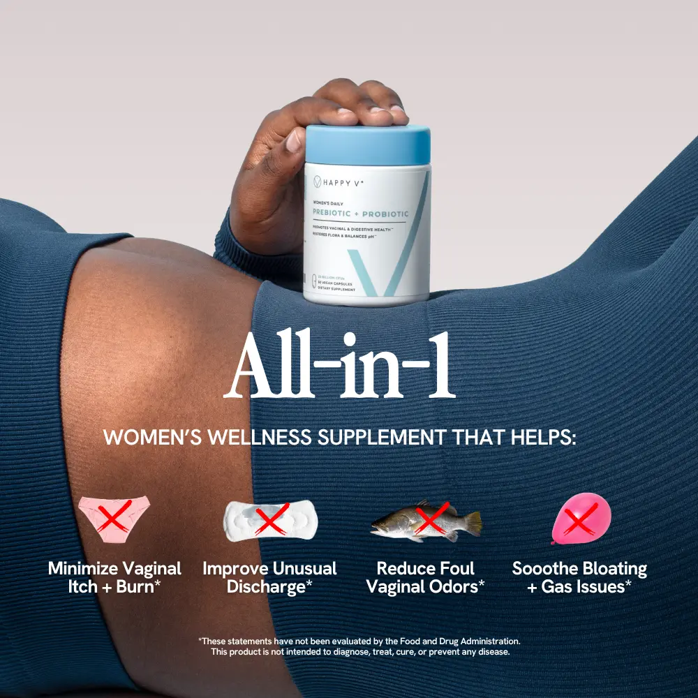 Happy V Vaginal Prebiotic + Probiotic for Women – Clinically Proven pH Balance & BV Treatment, Natural Yeast Infection Support, 60 Vegan Capsules Dietary Gut Health Supplement