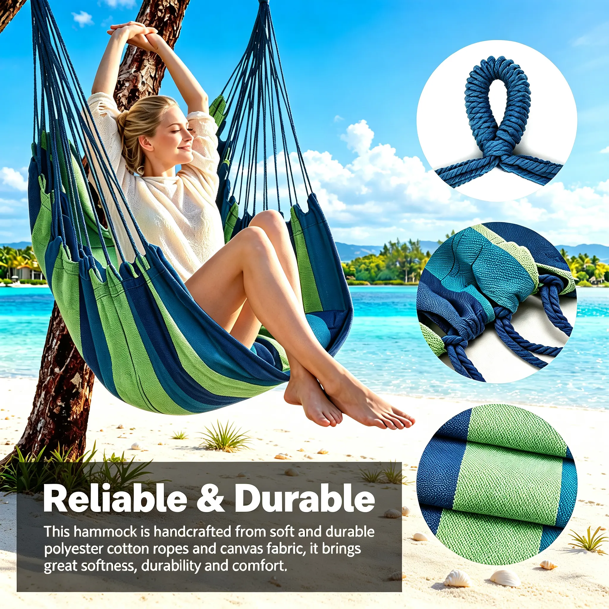 Hanging Hammock Chair, 330 LBS Capacity Striped Canvas Swing Chair with 2 Hanging Ropes & Storage Bag, Portable Indoor Outdoor Hammock Swing for Balcony Patio Garden Beach Home