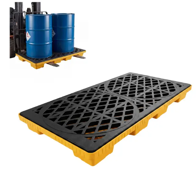 Heavy-Duty Secondary Spill Pallet for 2 Drums – 2000 lbs Capacity – Modular Forkliftable Plastic Containment Tray – Industrial Oil & Chemical Safety – Size: 48 x 24 x 4 Inches