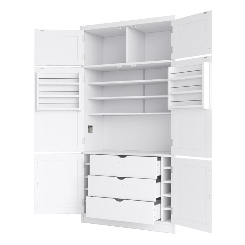 80" Tall Kitchen Pantry Cabinet with 2 Power Outlets, 41" W Modern Large Freestanding Cupboard with Microwave Stand, Drawers, Adjustable Shelves, Wine Racks & Door-Shelf for Dinner Room, White