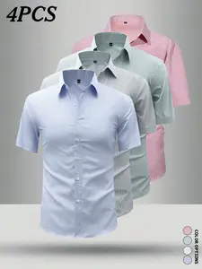 4-pack men’s casual short-sleeve shirts for summer—loose, breathable, and soft fit; simple, versatile basics that meet everyday wear needs at work and at home.