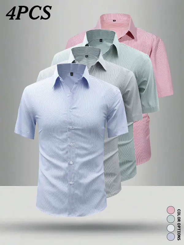 4-pack men’s casual short-sleeve shirts for summer—loose, breathable, and soft fit; simple, versatile basics that meet everyday wear needs at work and at home.