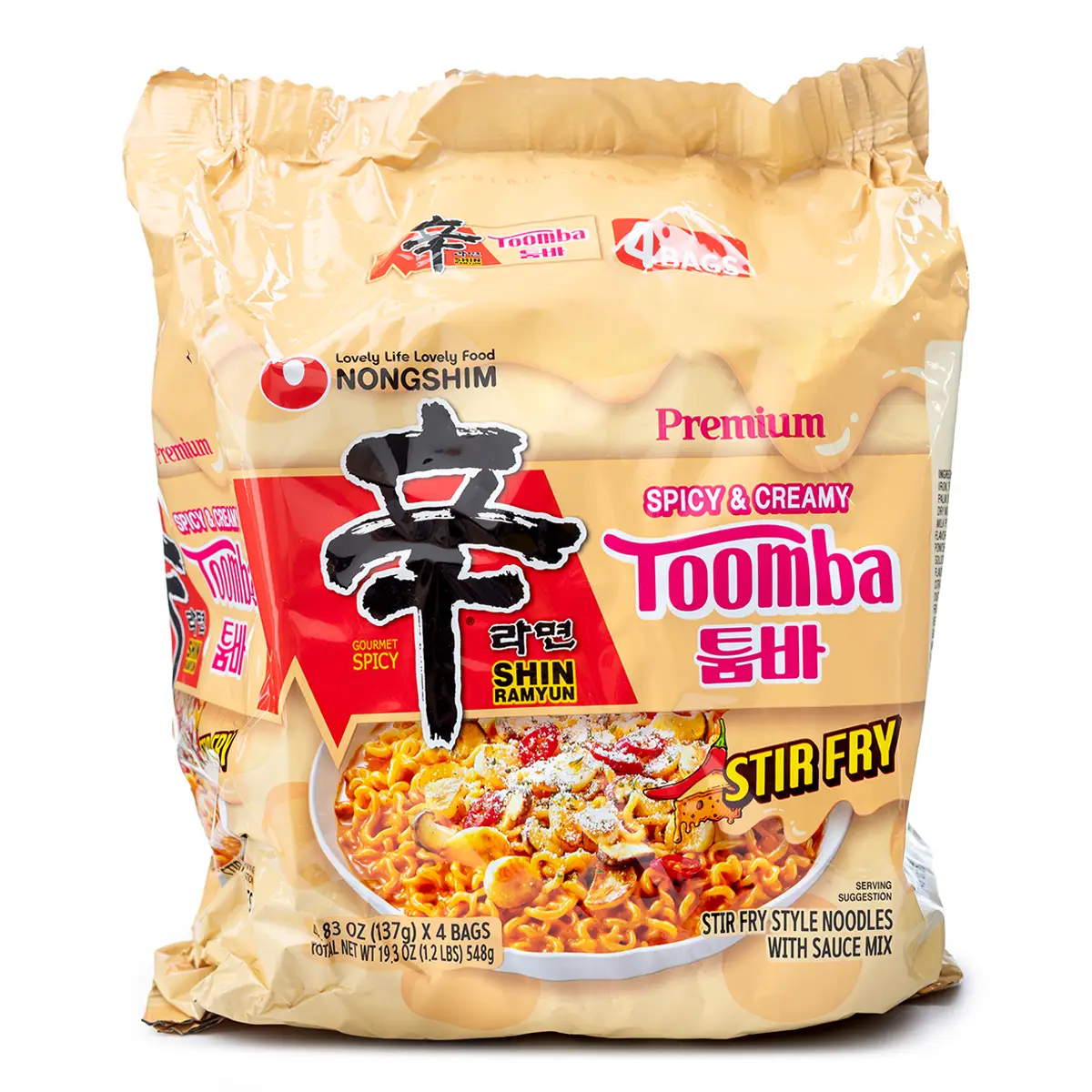 NONGSHIM Shin Ramyun Toomba, Spicy & Creamy Stir Fry Instant Noodles with Sauce Mix (4.83 oz x 4 Servings)