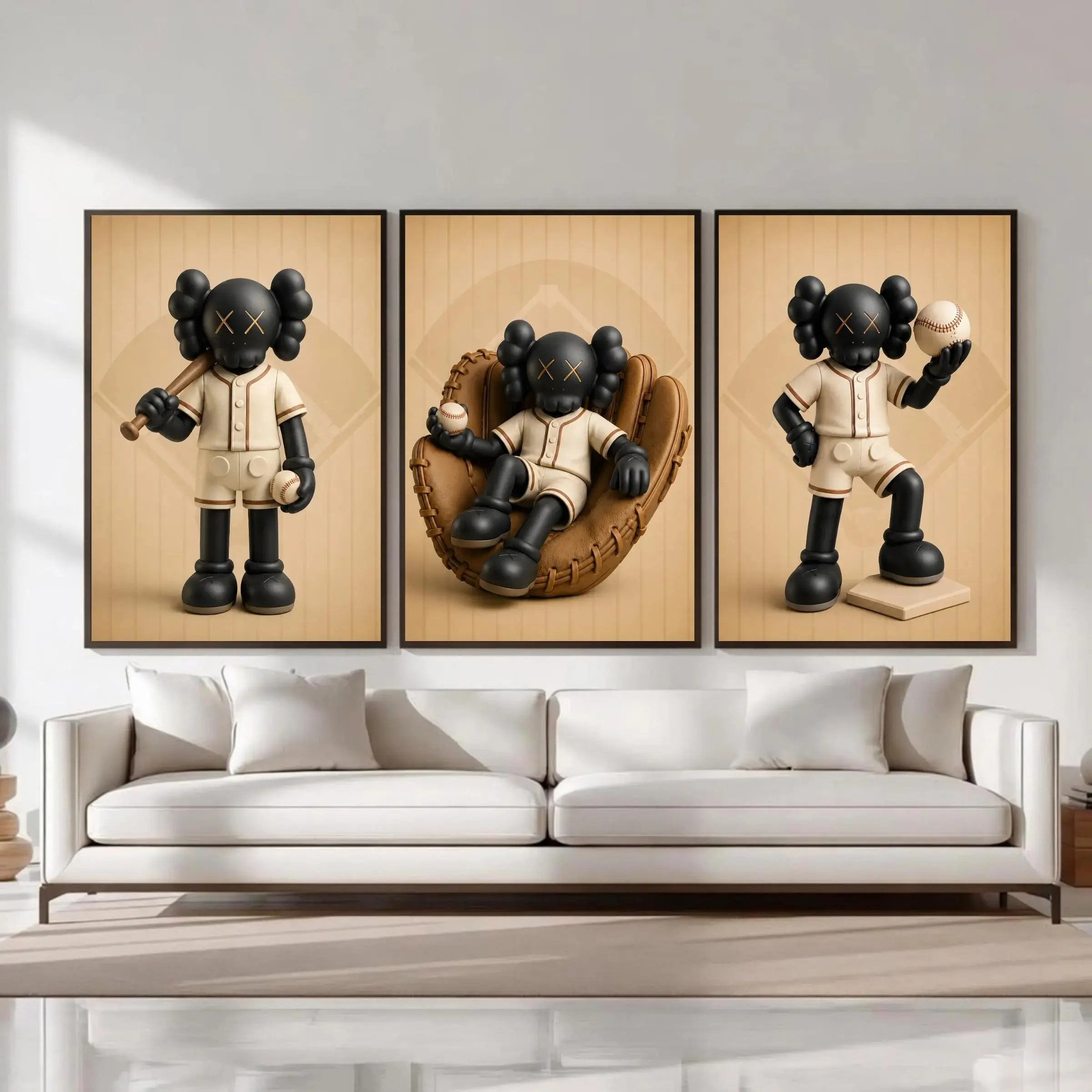 Kaws Baseball Wall Art Poster Set of 3 , Sport HypeBeast Room Decor, Baseball Bedroom Kaws Art, Gaming Room Baseball Kaws Figures Decor