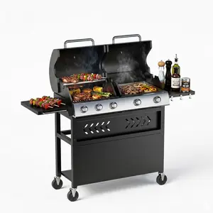 5-Disposable Propane Gas Grill & Griddle Combo – Porcelain Enamel Cast Iron Grate – 40,000 BTU – 696 sq.in. Cooking Area – Outdoor BBQ Grill for Backyard Kitchen