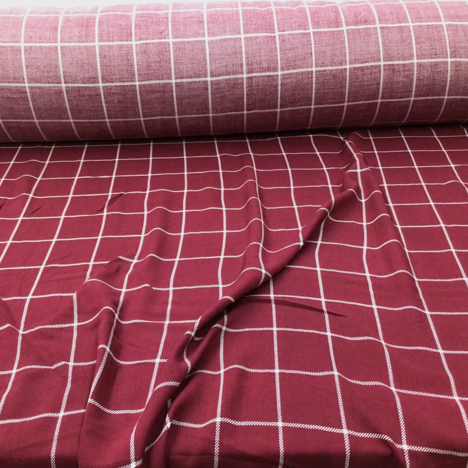 Challis Rayon Apparel Fabric Burgundy White Plaid F220