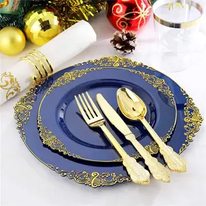 Blue Plastic Plates Set 175PCS Gold Include for Weddings & Parties Cookware Set Disposable Stylish Christmas, Thanksgiving