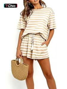 Women's Striped Knit Short Sleeve Top & Drawstring Shorts Set, Casual Loose Fit Summer, Home & Outdoor Wear, Loungewear, 2 Piece Suit