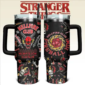 [Sip40 Otaku] Hellfire Club D&D Pattern 40oz Handle Tumbler – Retro Fantasy Stainless Steel Travel Mug, Hawkins Inspired Horror Cup, Double Wall Thermal Drinkware, Large Iced Coffee Tumbler, Gift for TV Show & Dungeon Game Fans