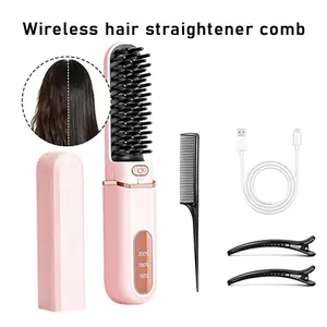 Cordless Hair Straightener Brush, 3 Temp Levels Portable Heated Comb for Travel Rechargeable Mini Straightening Brush, Anti-Scald Wireless Hair Styling Comb