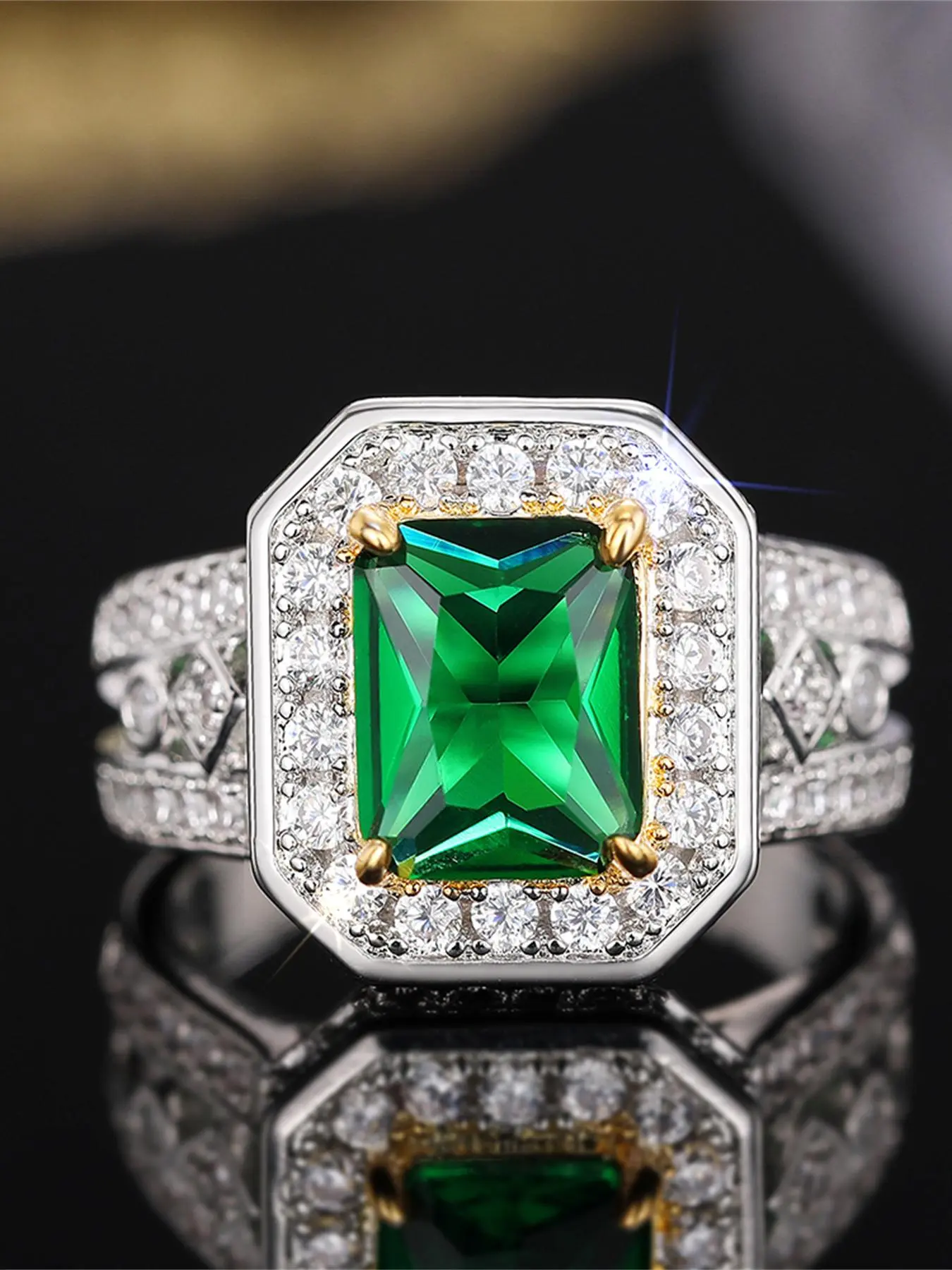 Elegant Artificial Gemstone & Rhinestone Decorated Ring, Luxury Emerald Cut Solitaire Engagement Ring for Women, Trendy All-match & Exquisite Jewelry for Birthday Gift, Elegant Fashion Rings, Beautiful Rings, Chic Emerald Ring