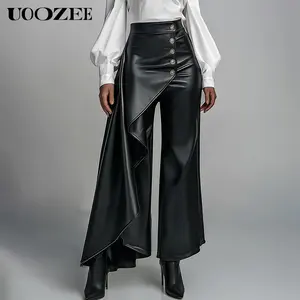 UOOZEE Women's New Autumn Winter Asymmetric Wrap PU Leather Wide-Leg Pants No Stretch Casual Simple Urban Ladies Black Pants with Belt Chic for Evening Cocktails, Office Mixers & Urban Street(Smaller Hip Fit - Check Size Guide or Order One Size)