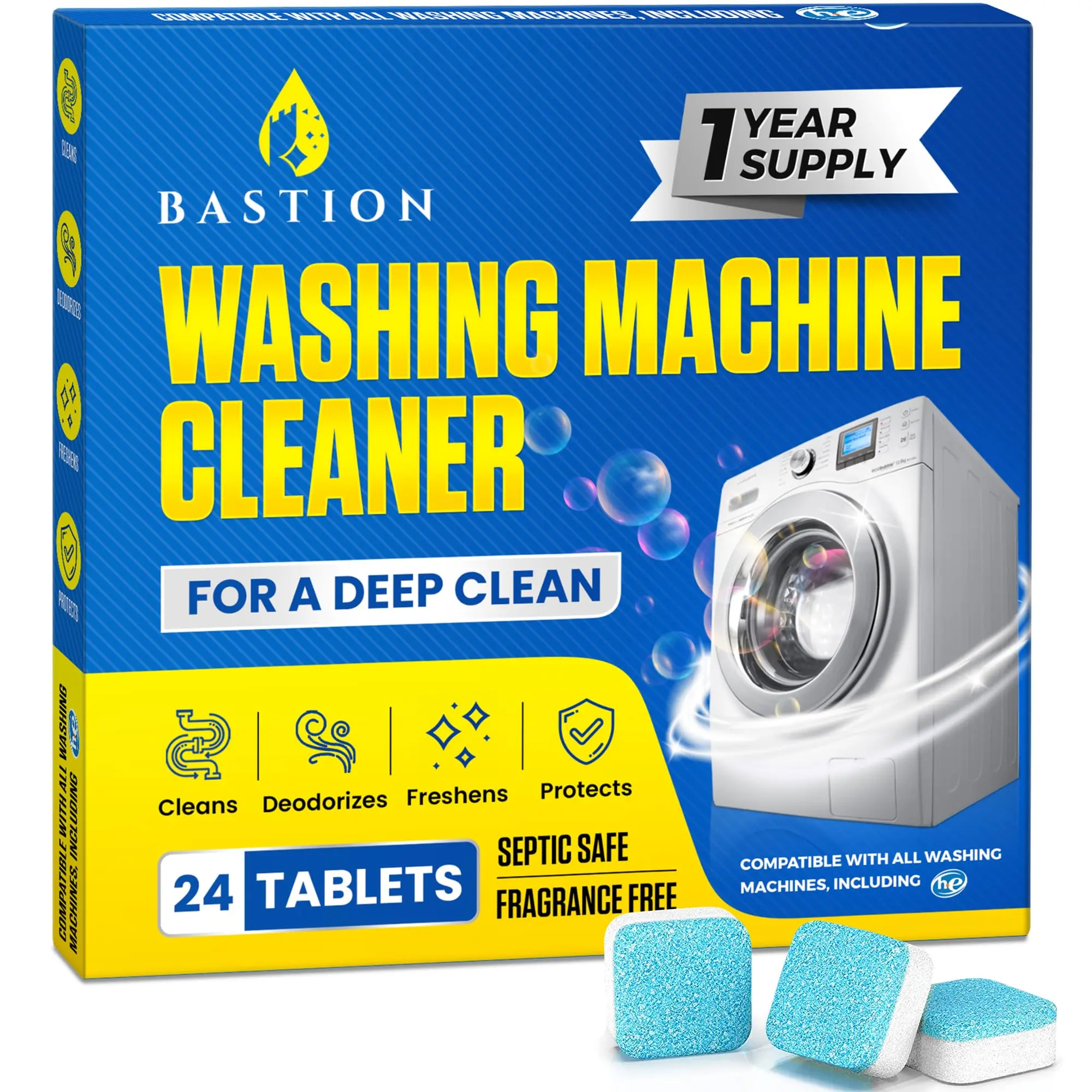 Bastion Washing Machine Cleaner, Deodorizer, & Descaler - 24 pack (One Year Supply)