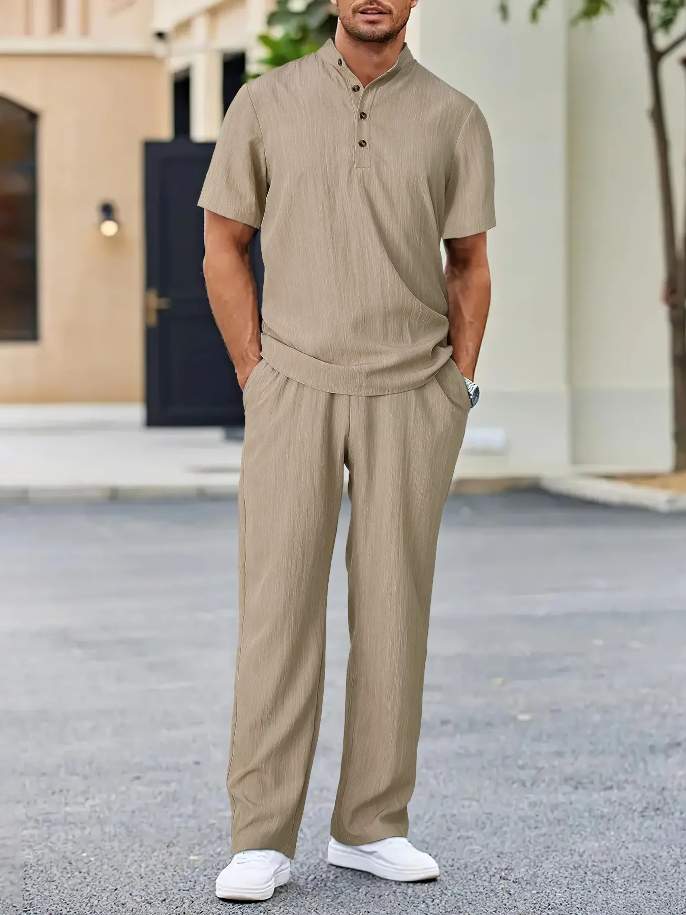 Men's Beige 2-Piece Casual Outfit | Short Sleeve Stand Collar Shirt & Long Pants Set Lightweight Breathable Fabric + Drawstring Waist – Comfy for Summer/Daily Wear Clothes  #MenTwoPieceSet #CasualMenFashion