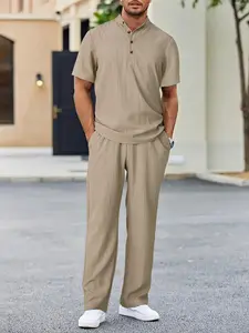Men's Beige 2-Piece Casual Outfit | Short Sleeve Stand Collar Shirt & Long Pants Set Lightweight Breathable Fabric + Drawstring Waist – Comfy for Summer/Daily Wear Clothes  #MenTwoPieceSet #CasualMenFashion