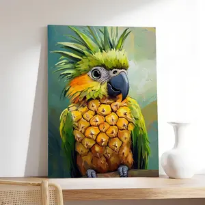 1pc Wood Framed Tropical Parrot Wall Art - Multi-Size, 2D Flat, Cute Print with Pineapple-Like Fur, Vibrant Green-Orange Bird, Home Decor for Living Room, Ideal Housewarming Gift