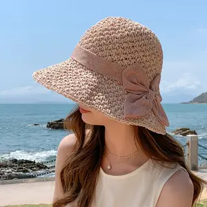Elegant French-Style Women'S Sun Hat - Handwoven Linen Bucket Hat with Vintage Ruffles & Bow, Breathable, Foldable Travel Beach Hat, No Feathers, Stretchy & Machine Washable, Beach Accessories |     Refined Accessory |     Stretchy Headgear