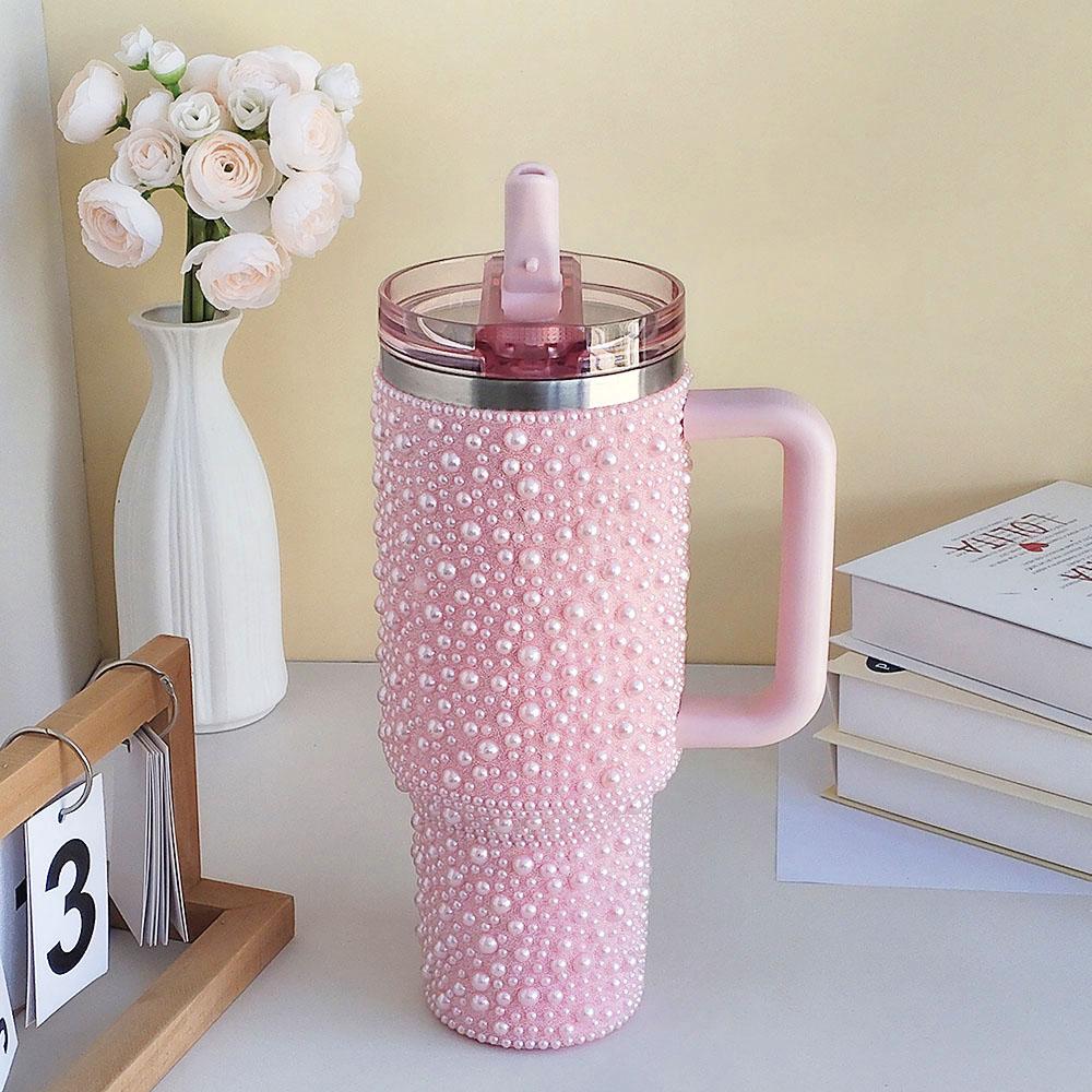 1pc 40oz  tumbler Light Luxury Pearl Full Diamond Ice Dominator Cup with Handle Straw Stainless Steel Insulated Cup High-Beauty Coffee Cup Car Mount Large Capacity Travel Water Cup