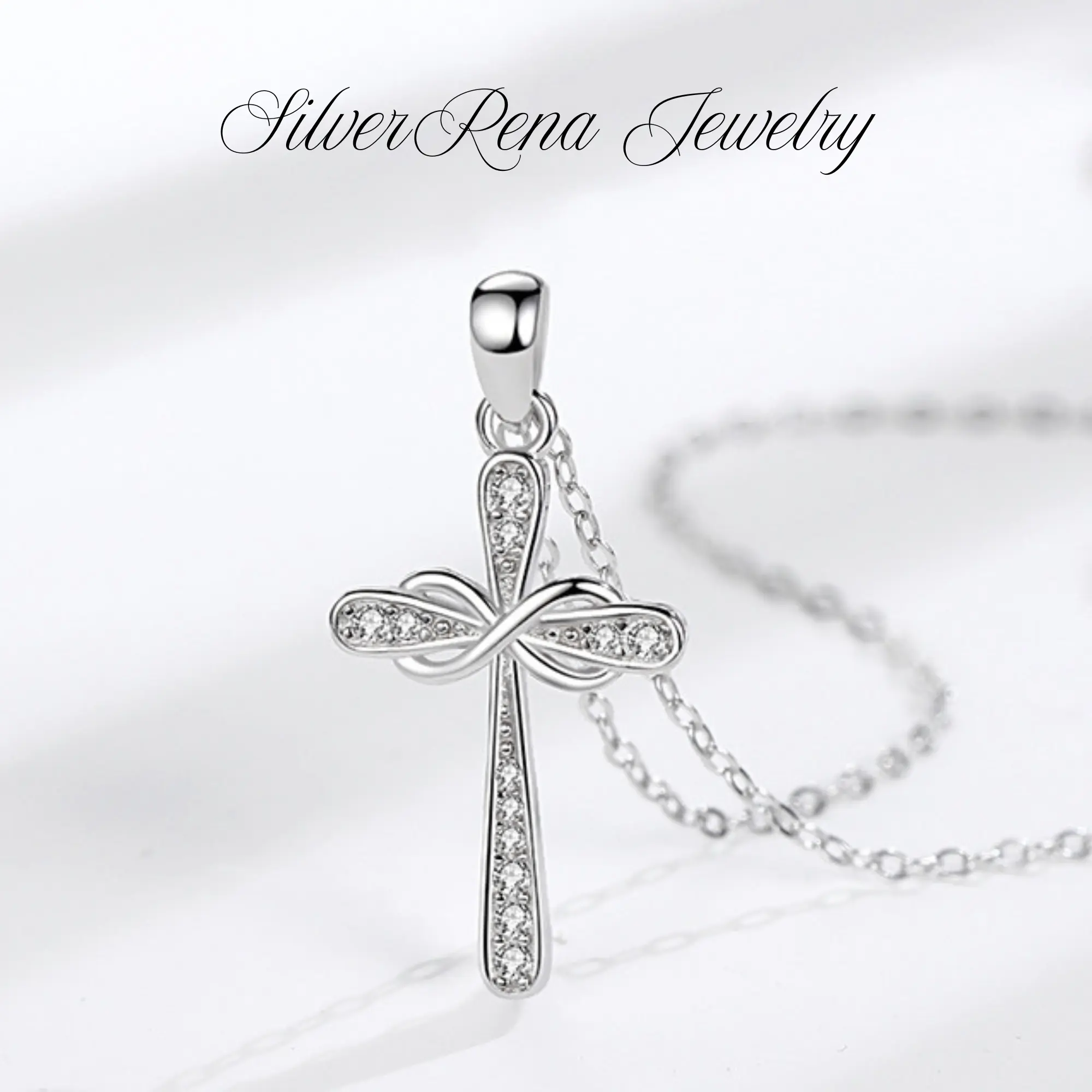 S925 Sterling Silver Mobius Cross Pendant Necklace, Twist Design Eternal Cross Necklace Faith Jewelry for Women, Infinity 8 Word Pendant Mobius Band Necklace, Hypoallergenic Stainless Steel Chain, 5A Cubic Zirconia, Elegant Daily Wear Cross Necklace