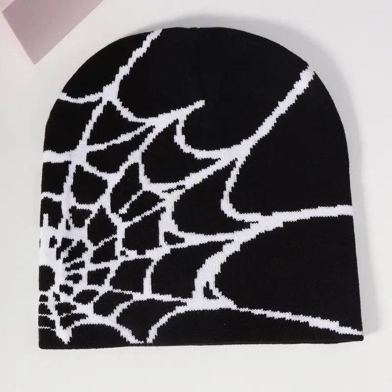 Unisex Streetwear Spider Web Design Unique Beanie Hat, 1 Piece Casual Trendy Street Style Beanie Hat, Fashionable Hat for Fall & Winter, Beanie Fitted Hat