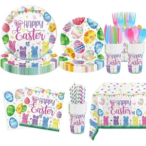 MEHOFOND 194pcs Easter Plates and Napkins, Happy Easter Paper Plates and Napkins Disposable, Spring Colorful Bunny and Eggs Theme Round Tableware, Rabbits Easter Party Supplies Table Decor, Serves 24